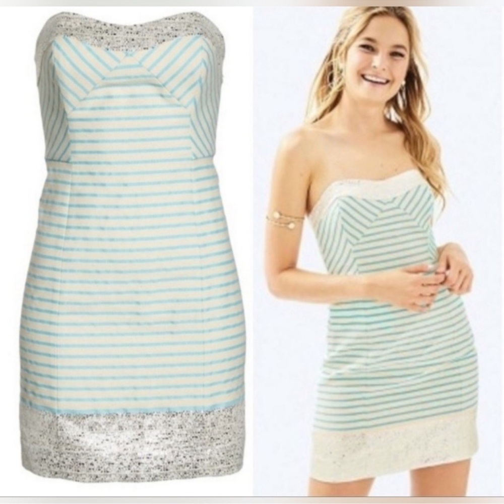 Lilly Pulitzer Remi Strapless Dress Blue Horizon Bayview Stripe Metallic Size 0
